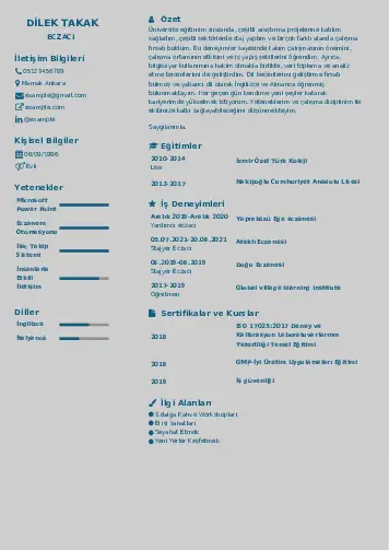 Eczacı CV Örnekleri cv indir